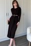 Long Sleeve Midi Brown Dress with Waist Detail - 5