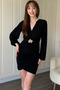 Balloon Long Sleeve Accessory Detailed Belted Mini V-Neck Black Dress - 7