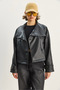 Women's Black Double-Breasted, High Collar, Pocket Detailed, Belted Faux Leather Jacket 3149 60283651 - 3