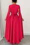 Fuchsia Cape Sleeves Pearl Detail Waist Belted Round Neck Crepe Fabric Dress - 2