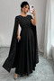 Black Cape Sleeve Pearl Detail Belted Round Neck Crepe Dress