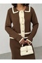 Women's Brown Pearl Buttoned Skirted Knitwear Set - 6