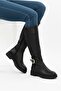 Black Zippered Buckle Detailed Flexible Diving Fabric Below-The-Knee Women's Boots - 2