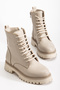 Beige Lace-Up Zipper Women's Combat Boots - 3