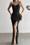 Scuba Fabric Strap Stone Detail Thin Strap Slit Evening Dress Black - 5