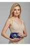 Navy Blue Color Glittery Satin Silver and Pearl Detailed Chain Strap Women's Evening Dress Bag Wedding Engagement