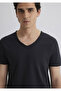V-Neck Black T-Shirt - Sewing Detailed, Fitted Cut062773-26341 - 5