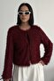 Collarless Imported Tasseled Burgundy Fur Coat - 6