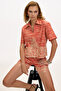 Floral Embroidery Embroidered Pocket Striped Red Beige Shorts - 3