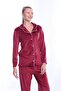 Burgundy Front Buttoned Velvet Winter Women's Pajama Set Dowry Set Gift - 5