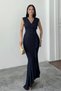 Women's Navy Blue Scuba Diver Fabric Double Breasted Collar Skirt with Flounces Evening Dress Graduation Wedding Dress