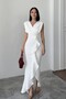 Women's White Scuba Fabric Double-Breasted Collar Ruffled Hem Evening Graduation Wedding Dress