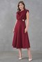 Women's Burgundy Stretch Crepe Fabric Degaje Collar Shoulder Padded Midi Flared Evening Dress 77129