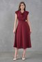 Women's Burgundy Stretch Crepe Fabric Degaje Collar Shoulder Padded Midi Flared Evening Dress 77129 - 5