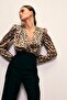Double-Breasted Leopard Print Bodysuit Blouse - Black-Brown - 2