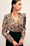 Double-Breasted Leopard Print Bodysuit Blouse - Black-Brown