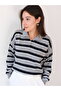Una Fiaba - Gray Striped Women's Three-Button Shirt Collar Knit Sweater - 3