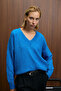Norsha Women's V-Neck Soft Textured Relaxed Fit Knitwear Blue Sweater - 2