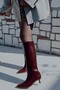 Fall Kitten Heel Below-The-Knee Pointed Toe Piping Tape Detail Matte Leather Women's Boots Burgundy Wrinkled Patent Leather - 4