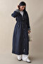 Lined Stripe Pattern Trench Coat - Navy Blue - 4