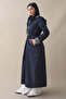 Lined Stripe Pattern Trench Coat - Navy Blue - 5