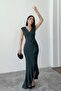 Women's Emerald Scuba Fabric Double-Breasted Neck Ruffled Evening Graduation Wedding Dress - 2