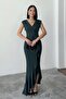 Women's Emerald Scuba Fabric Double-Breasted Neck Ruffled Evening Graduation Wedding Dress