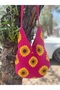 Fuchsia Lined Shoulder Bag with Knitted Sunflower Motif - 5