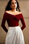 New Product Women's Off-The-Shoulder Front Knotted Sandy Fabric Long Sleeve Blouse 0033
