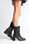 Women's Black Leather Blunt Toe Heeled Boots - 2