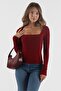 Burgundy Square Collar Long Sleeve Women's Bodysuit Sh202 - 2