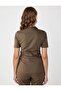 Bronze Khaki Short Sleeve Shirt Collar Slim Fit Woven Blouse - 5