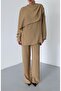 Camel Drape Collar Blouse Trousers Set - 8625