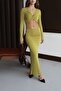 Women's Green Elastic Waistband Lined Long Skirt Sleeve Front Knotted Crop Top Set - 5