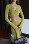 Women's Green Elastic Waistband Lined Long Skirt Sleeve Front Knotted Crop Top Set - 4