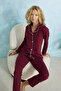 Burgundy White Piping Cotton Buttoned Pajama Set - 4