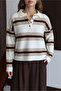Women's Bone Oversize Striped Polo Neck Knitwear Sweater - 2