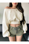 Women's Balloon Sleeve Ribbed Boat Neck Crop Sweatshirt - 2