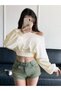 Women's Balloon Sleeve Ribbed Boat Neck Crop Sweatshirt - 3