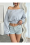 Women's Balloon Sleeve Ribbed Boat Neck Crop Sweatshirt - 4
