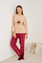 Salmon Teddy Bear Embroidered Plaid Ribbed Fleece Winter Knitted Pajama Set - 2
