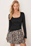 Women's Black Gathered Side Long Sleeve Asymmetrical Blouse Arm-26K042005