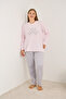 Pink Striped Embroidered Plus Size Fleece Winter Knitted Pajamas Set - 2