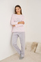 Pink Grey Striped Bow Embroidered Fleece Winter Knitted Pajamas Suit - 2