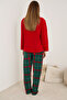 Red Christmas-Themed Embroidered Plaid Fleece Winter Knitted Pajama Set - 3