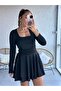 Buketli̇ Women's Slim Scuba Fabric Skirt Double Layer Square Neck Long Sleeve Mini Dress - 5