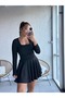 Buketli̇ Women's Slim Scuba Fabric Skirt Double Layer Square Neck Long Sleeve Mini Dress - 3