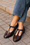 Brown Patent Leather T-Strap Mary Jane Design Ballerinas - 7