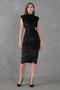 Stretchy Velvet Fabric Padded Wrap Cut Midi Length Sleeveless Black Evening Dress with Gold Accessories 5509 - 8