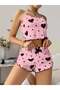 Cotton Pink Top with Black Heart Pattern and Straps Ribbed Shorts Pajama Set - Ssssss6962-181 - 2